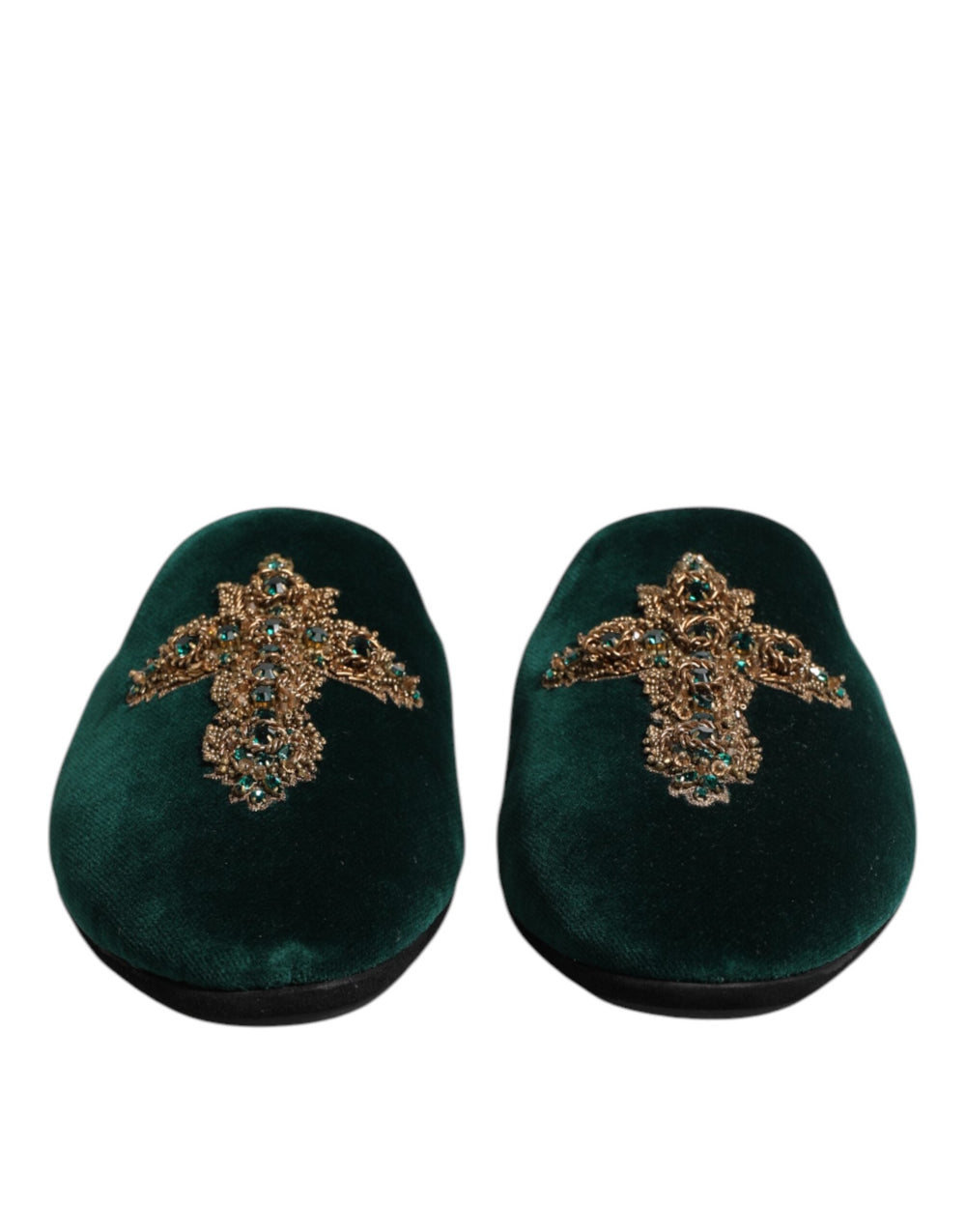 Men’s Dolce & Gabbana Green Velvet Cross Embellished Slippers Shoes
