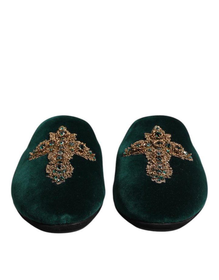 Men’s Dolce &amp; Gabbana Green Velvet Cross Embellished Slippers Shoes