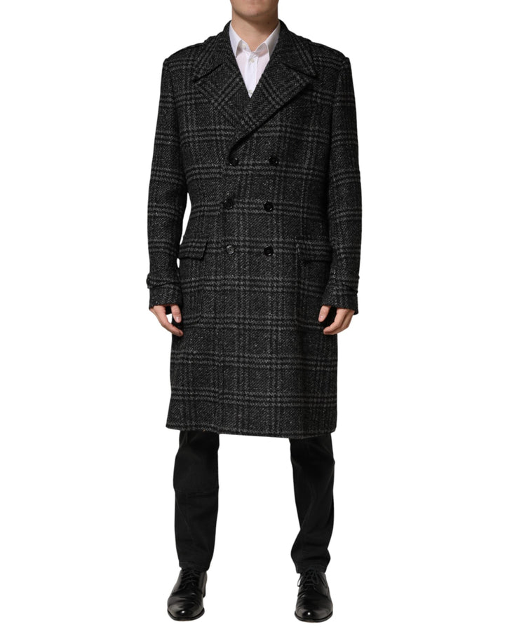 Men’s Dolce &amp; Gabbana Grey Double Breasted Plaid Wool Coat Jacket