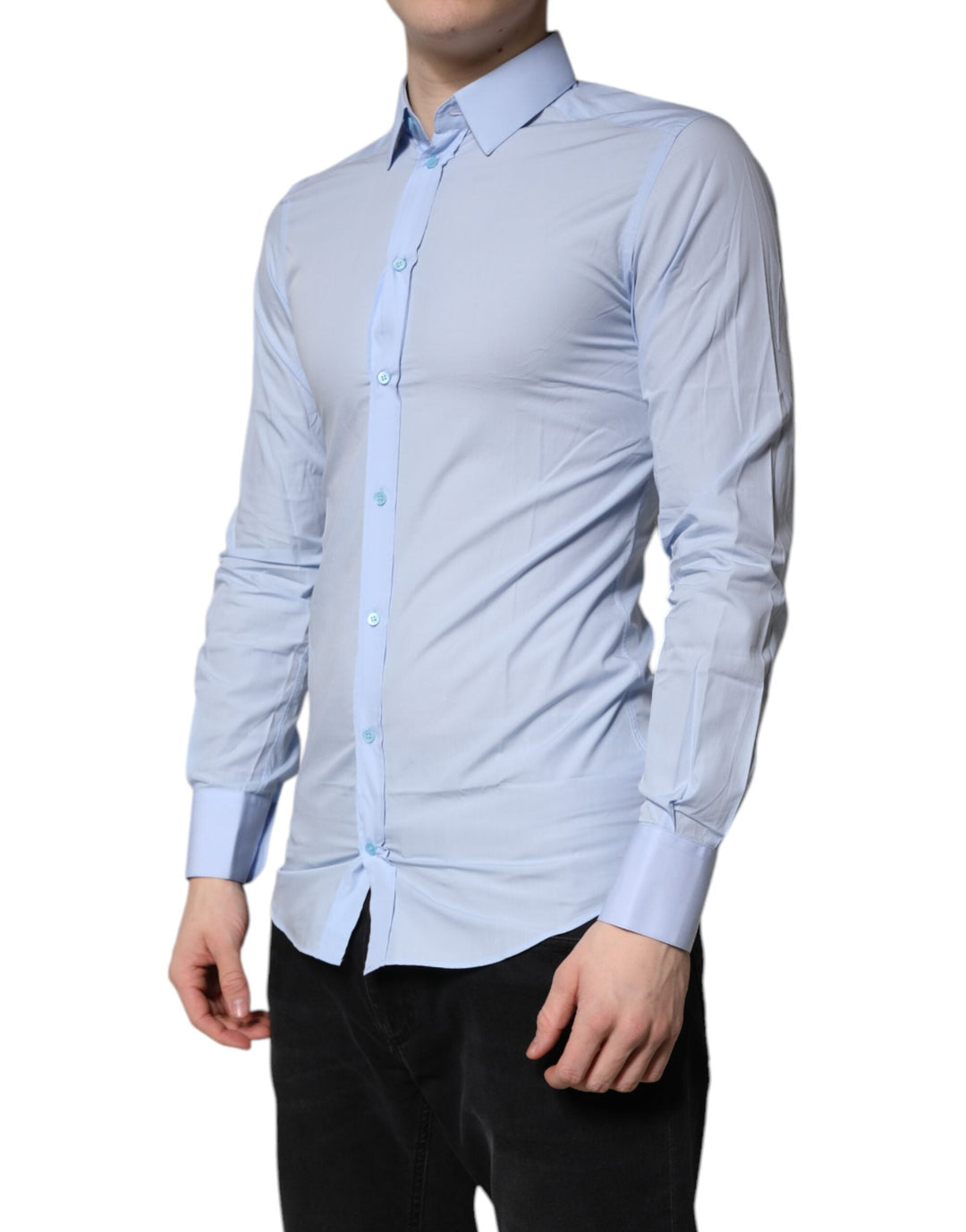 Dolce &amp; Gabbana Light Blue Cotton Gold Dress Formal Shirt