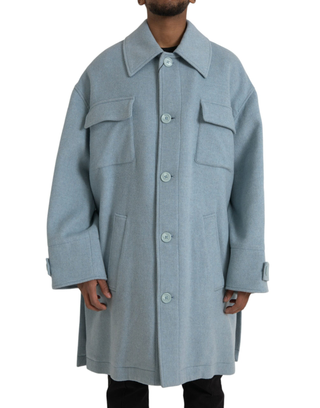 Men’s Dolce & Gabbana Light Blue Wool Button Trench Coat Jacket