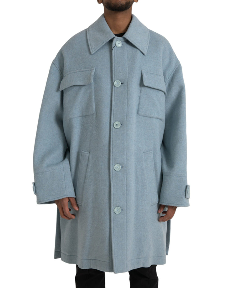 Men’s Dolce &amp; Gabbana Light Blue Wool Button Trench Coat Jacket