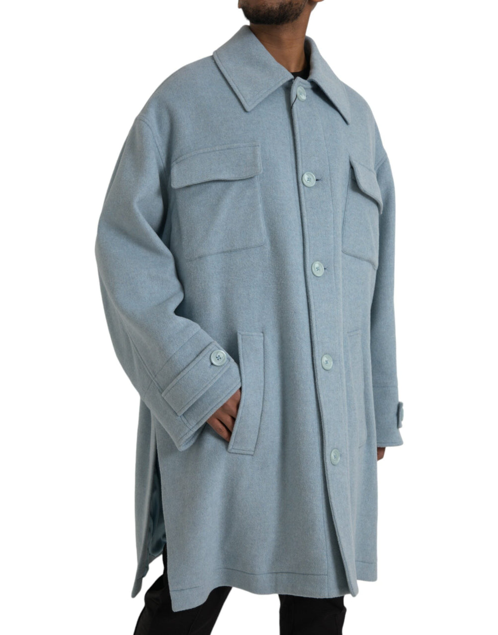 Men’s Dolce & Gabbana Light Blue Wool Button Trench Coat Jacket