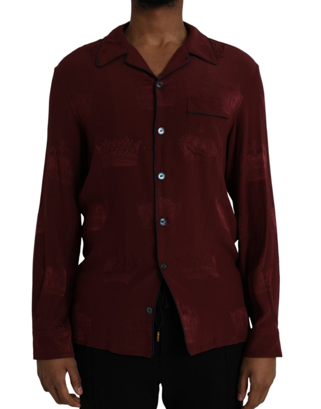 Men’s Dolce &amp; Gabbana Maroon Crown Jacquard Silk Long Sleeve Shirt
