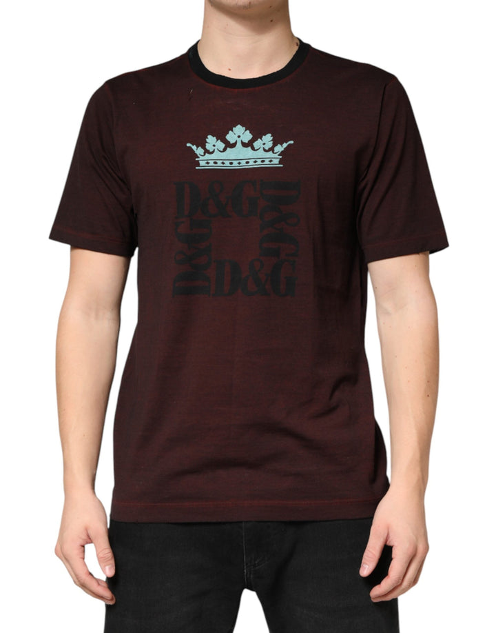 Dolce &amp; Gabbana Maroon Dg Crown Cotton Crew Neck Men T-shirt