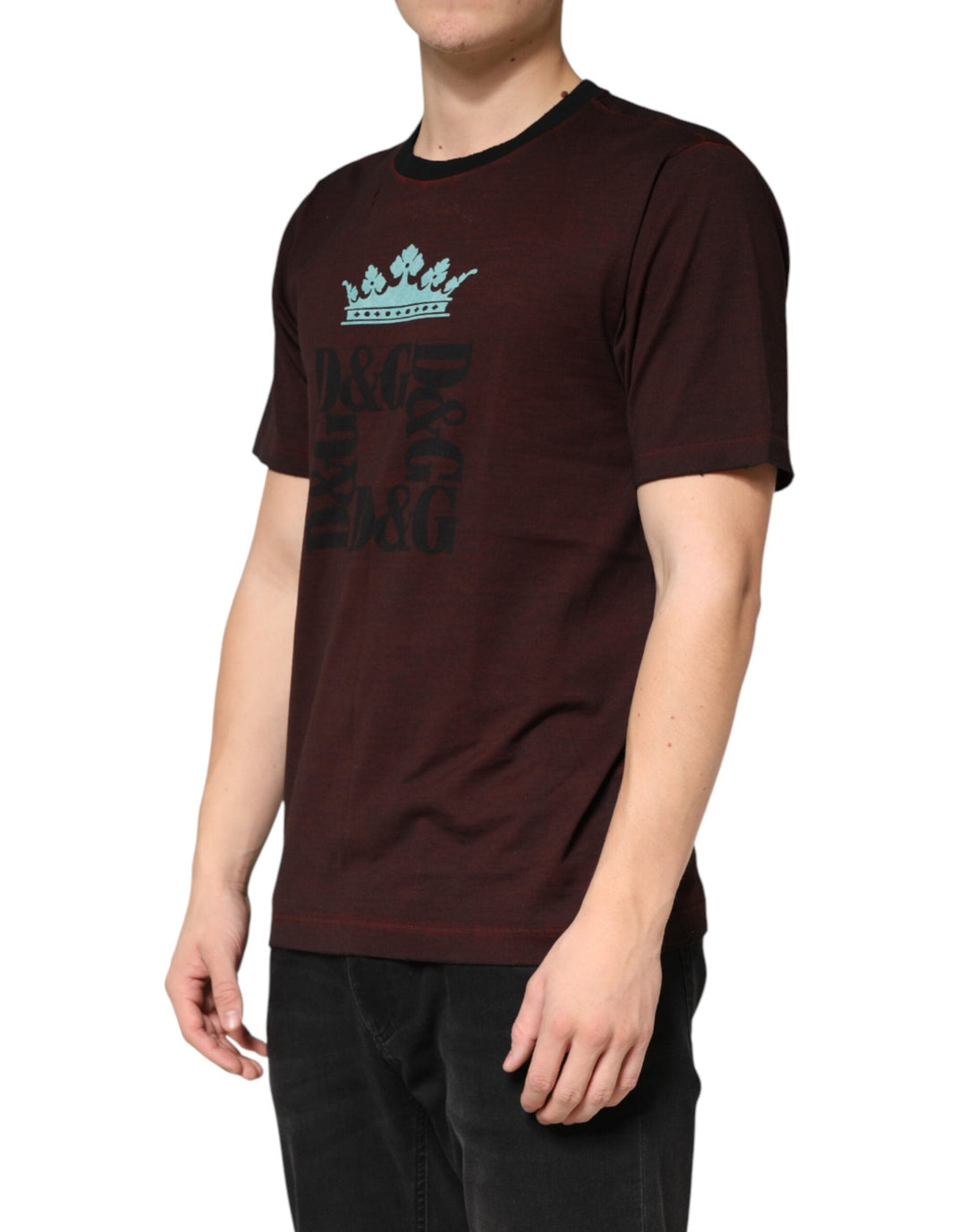 Dolce &amp; Gabbana Maroon Dg Crown Cotton Crew Neck Men T-shirt