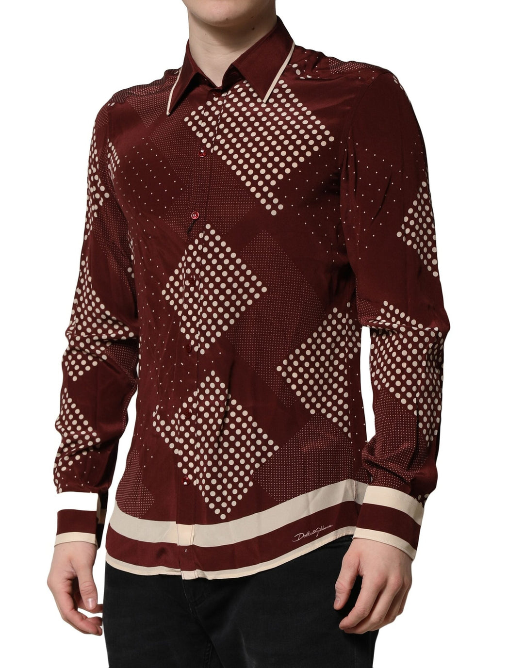 Dolce &amp; Gabbana Maroon Dotted Silk Long Sleeve Casual Shirt