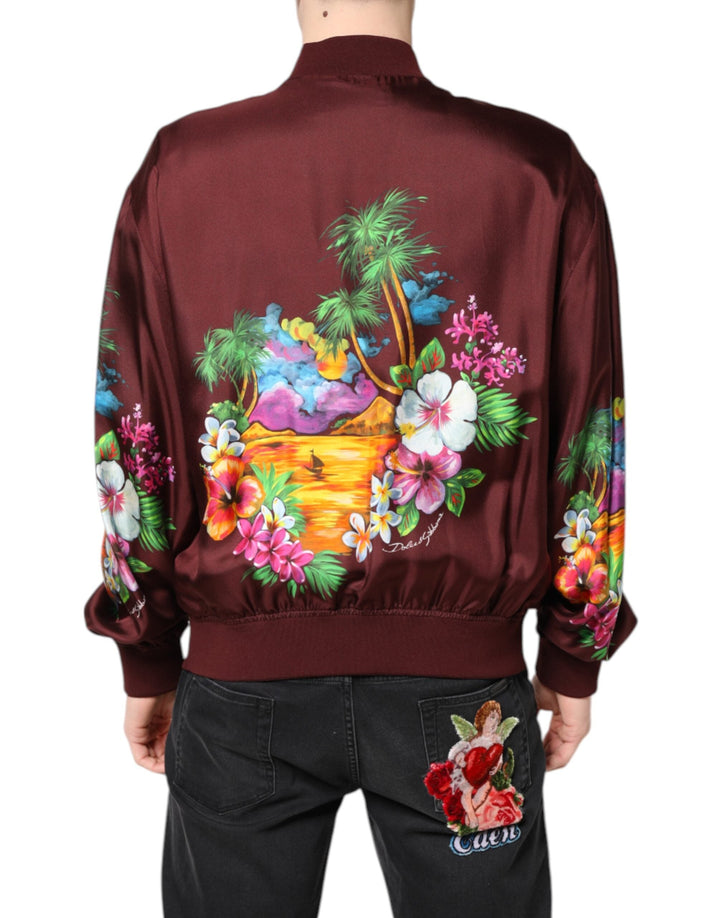 Men’s Dolce &amp; Gabbana Maroon Floral Print Full Zip Bomber Jacket