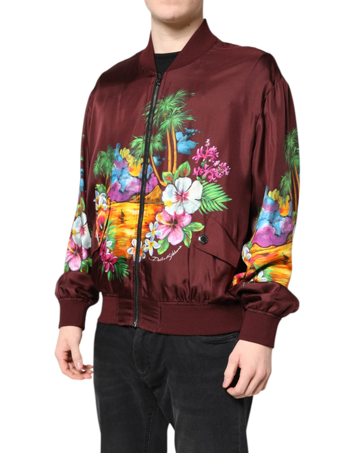 Men’s Dolce &amp; Gabbana Maroon Floral Print Full Zip Bomber Jacket