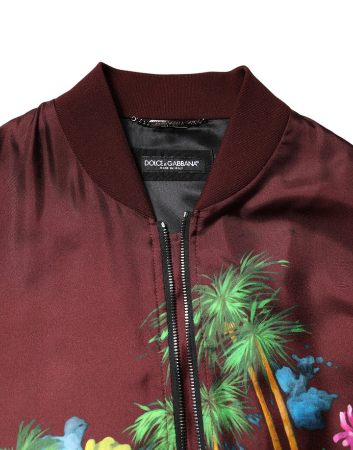 Men’s Dolce &amp; Gabbana Maroon Floral Print Full Zip Bomber Jacket