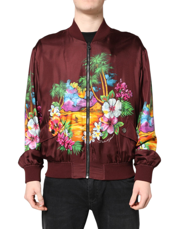 Men’s Dolce &amp; Gabbana Maroon Floral Print Full Zip Bomber Jacket