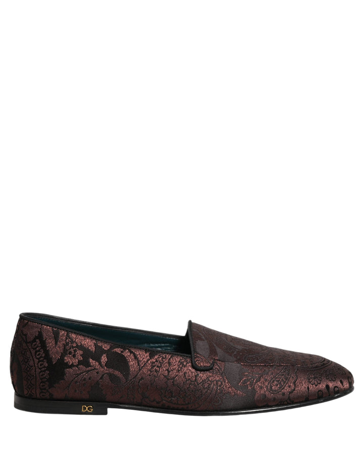 Men’s Dolce &amp; Gabbana Maroon Jacquard Leather Slip on Loafers Shoes