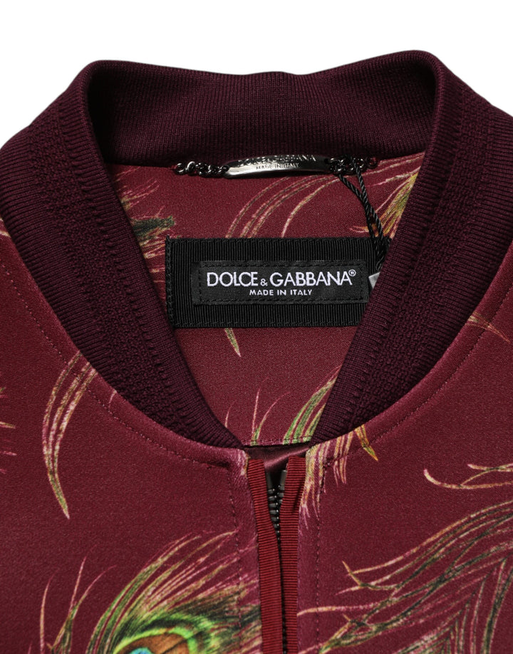 Men’s Dolce &amp; Gabbana Maroon Peacock Feather Print Bomber Jacket