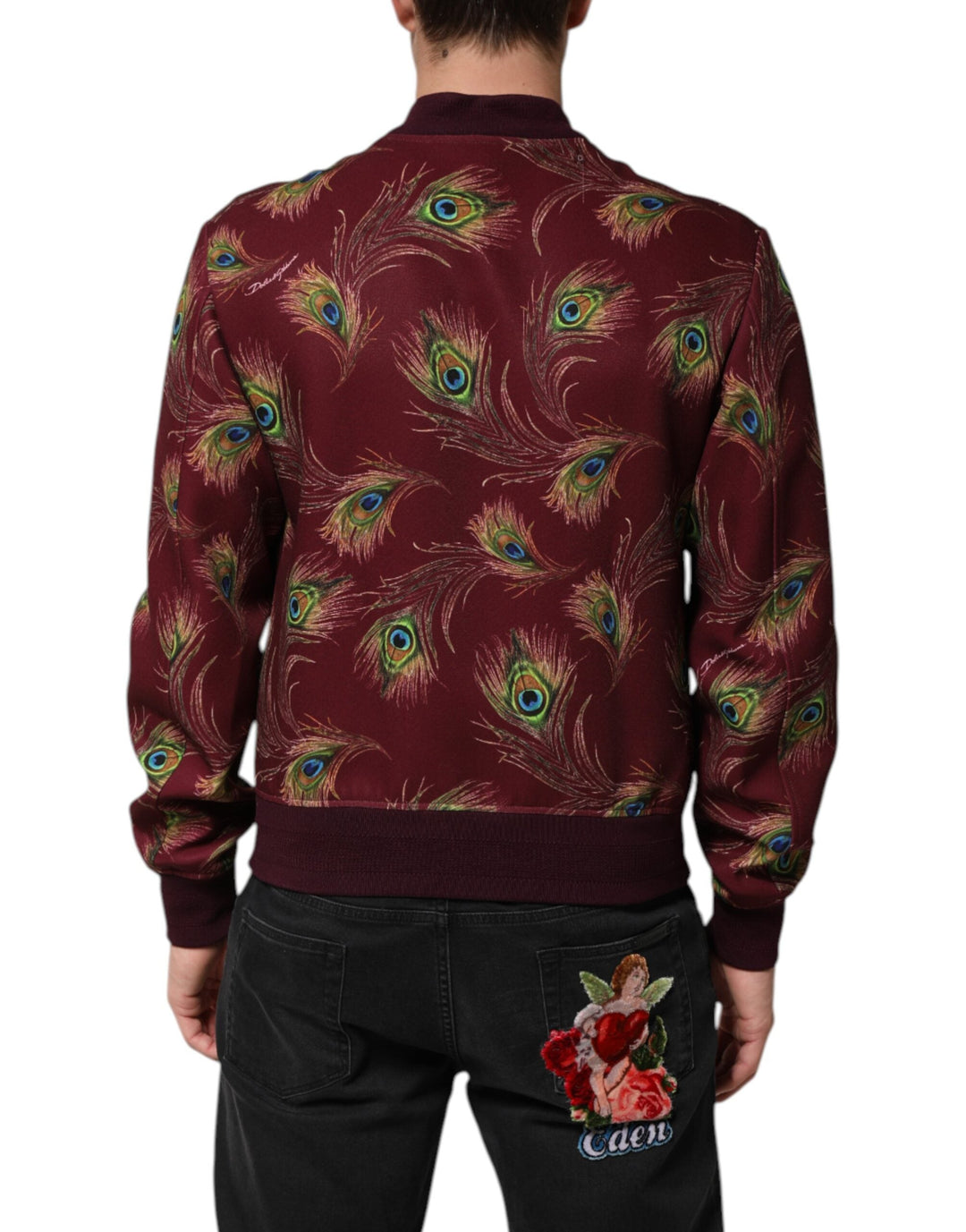 Men’s Dolce &amp; Gabbana Maroon Peacock Feather Print Bomber Jacket