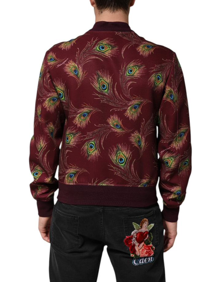 Men’s Dolce &amp; Gabbana Maroon Peacock Feather Print Bomber Jacket