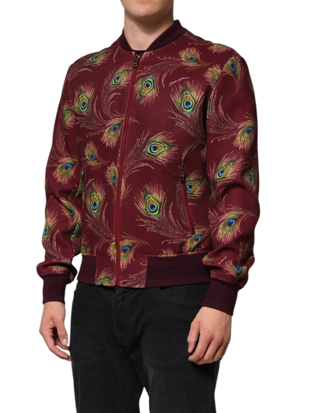 Men’s Dolce &amp; Gabbana Maroon Peacock Feather Print Bomber Jacket