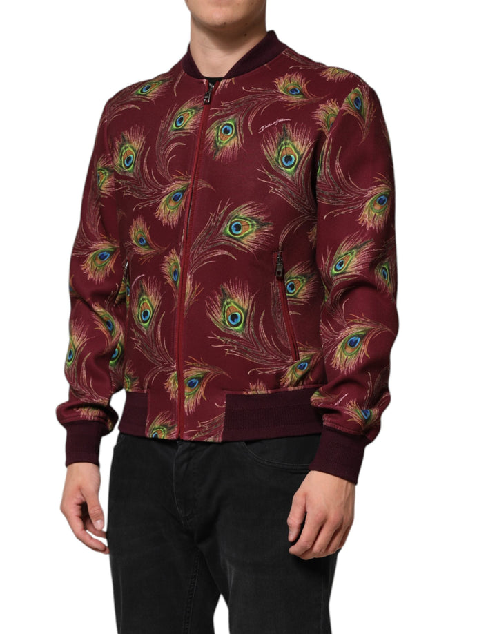 Men’s Dolce &amp; Gabbana Maroon Peacock Feather Print Bomber Jacket
