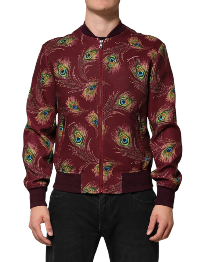 Men’s Dolce &amp; Gabbana Maroon Peacock Feather Print Bomber Jacket