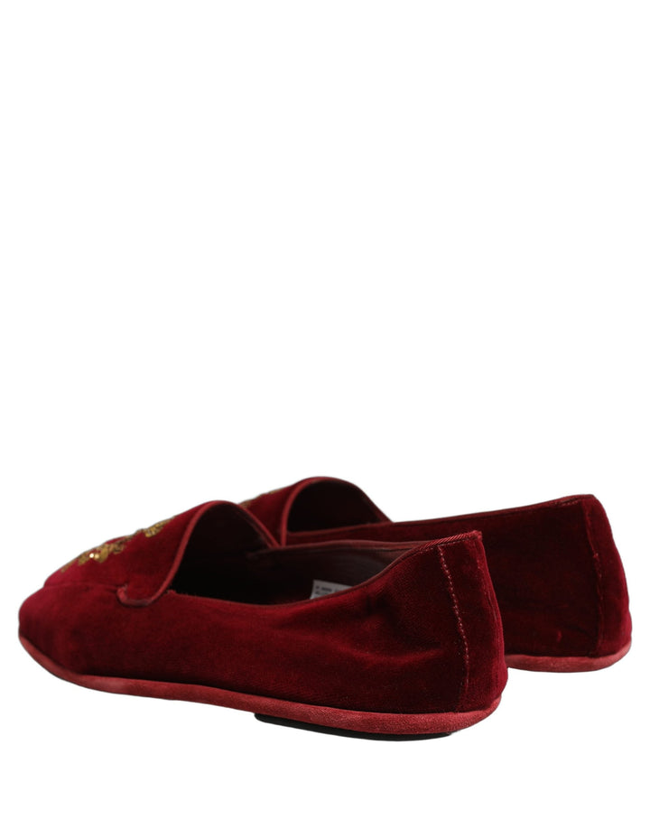 Men’s Dolce &amp; Gabbana Maroon Velvet Crown Embroidery Loafers Shoes