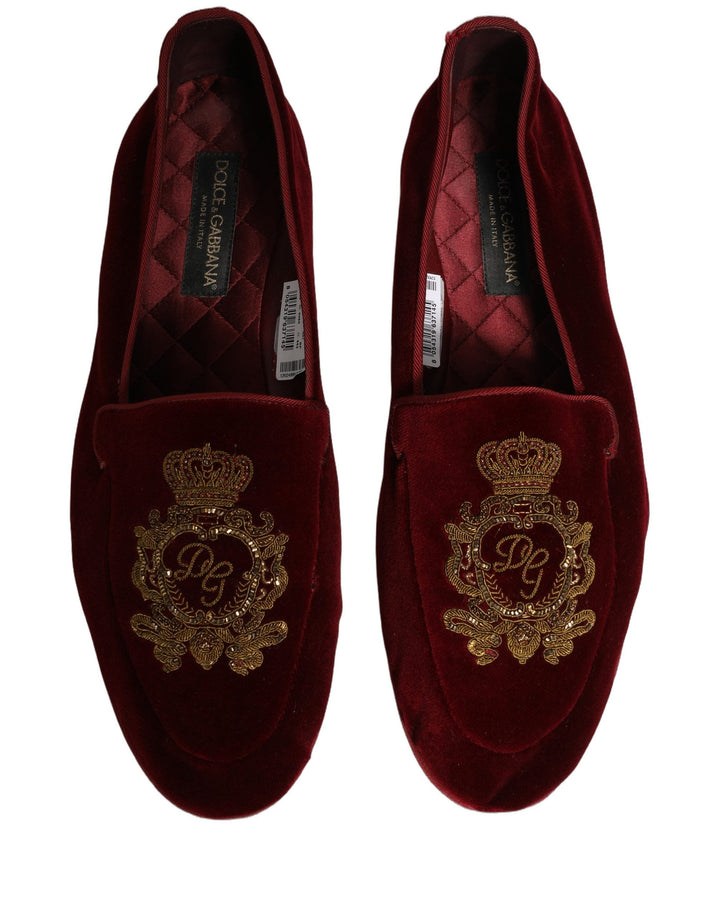 Men’s Dolce &amp; Gabbana Maroon Velvet Crown Embroidery Loafers Shoes