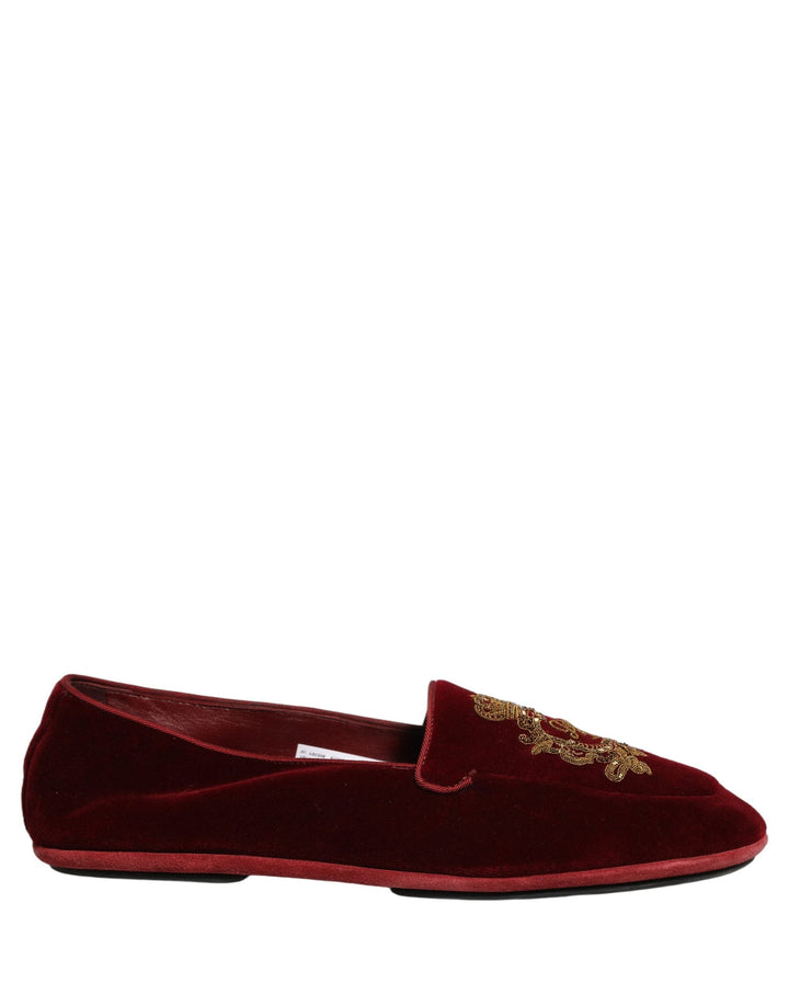 Men’s Dolce &amp; Gabbana Maroon Velvet Crown Embroidery Loafers Shoes
