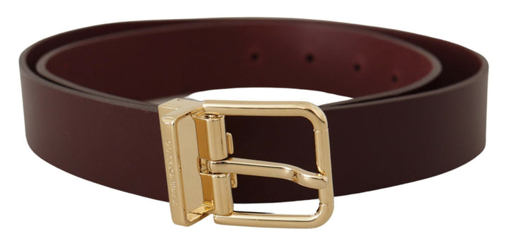 Dolce &amp; Gabbana Maroon Vitello Leather Gold Metal Buckle Belt
