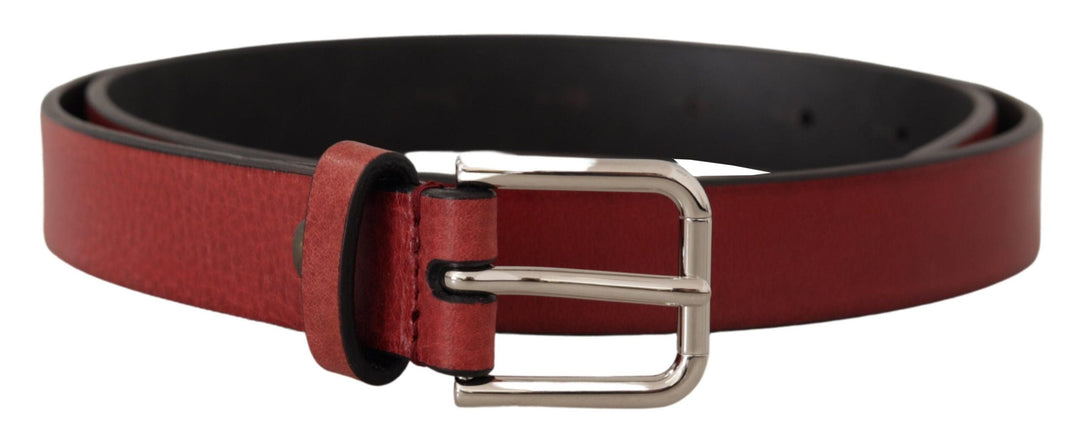 Dolce &amp; Gabbana Maroon Vitello Leather Silver Metal Belt