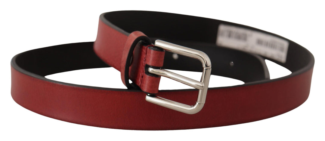 Dolce &amp; Gabbana Maroon Vitello Leather Silver Metal Belt
