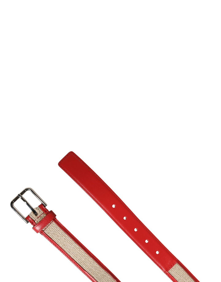Dolce &amp; Gabbana Men Beige Red Woven Leather Metal Buckle Belt