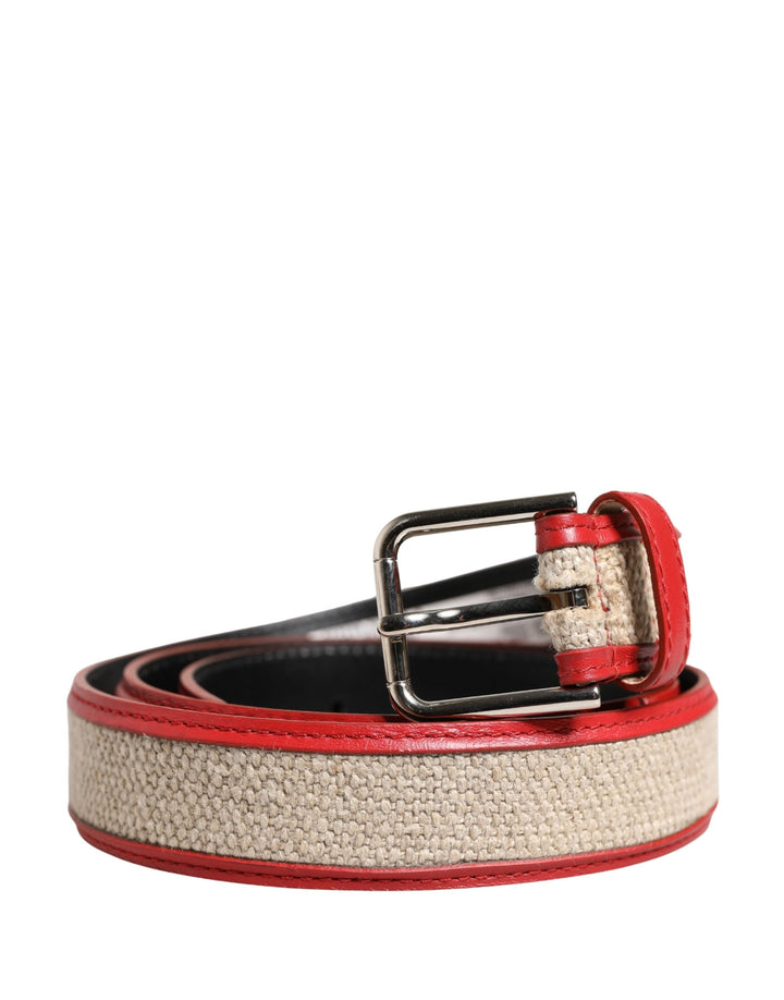 Dolce &amp; Gabbana Men Beige Red Woven Leather Metal Buckle Belt