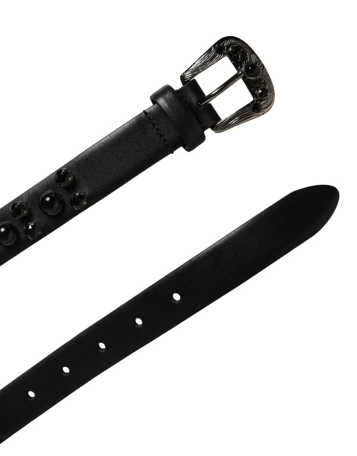 Dolce &amp; Gabbana Men Black Calf Embellished Metal Buckle Belt
