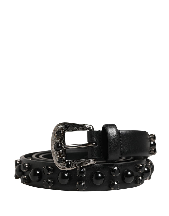 Dolce &amp; Gabbana Men Black Calf Embellished Metal Buckle Belt