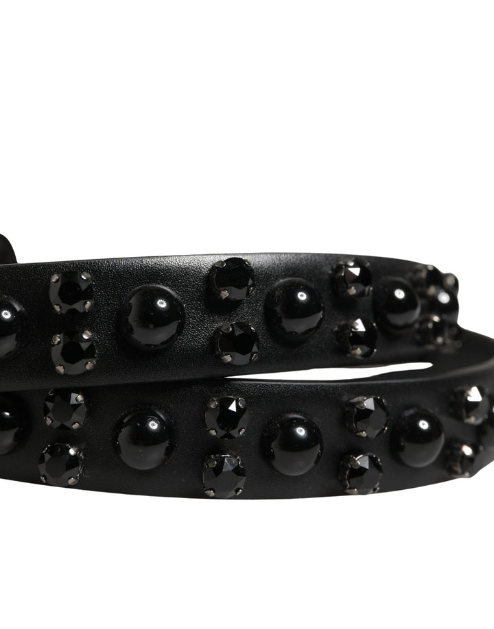 Dolce &amp; Gabbana Men Black Calf Embellished Metal Buckle Belt