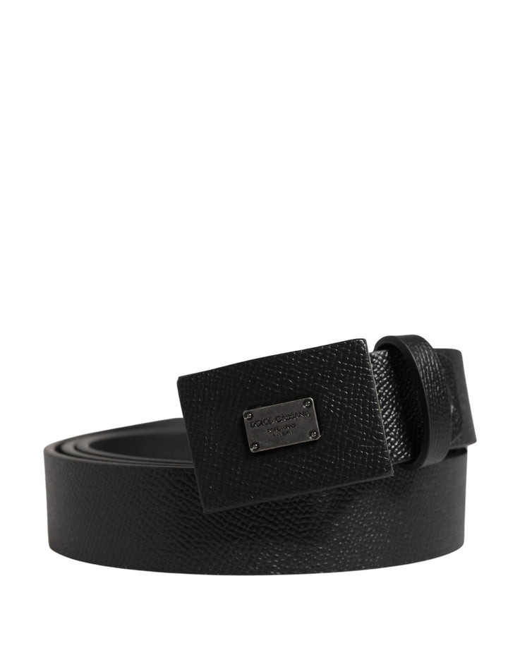 Dolce &amp; Gabbana Men Black Calfskin Leather Square Buckle Belt
