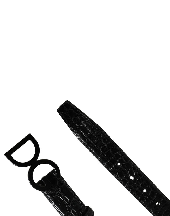 Dolce &amp; Gabbana Men Black Exotic Leather Logo Buckle Belt