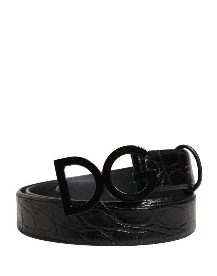 Dolce &amp; Gabbana Men Black Exotic Leather Logo Buckle Belt