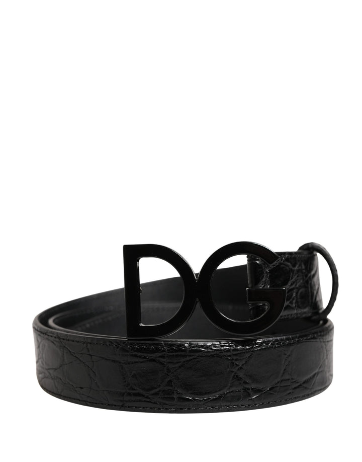 Dolce &amp; Gabbana Men Black Exotic Leather Logo Buckle Belt