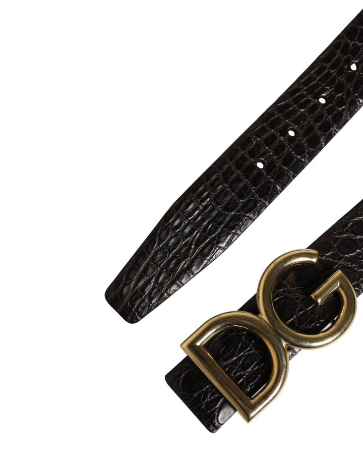 Dolce &amp; Gabbana Men Black Exotic Leather Logo Buckle Belt