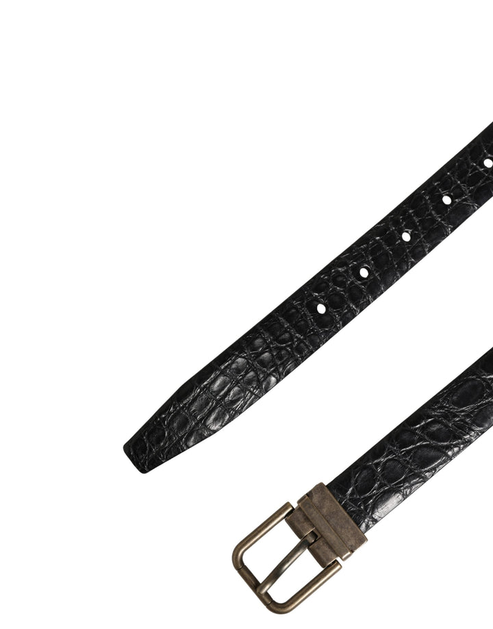 Dolce &amp; Gabbana Men Black Exotic Leather Metal Buckle Belt