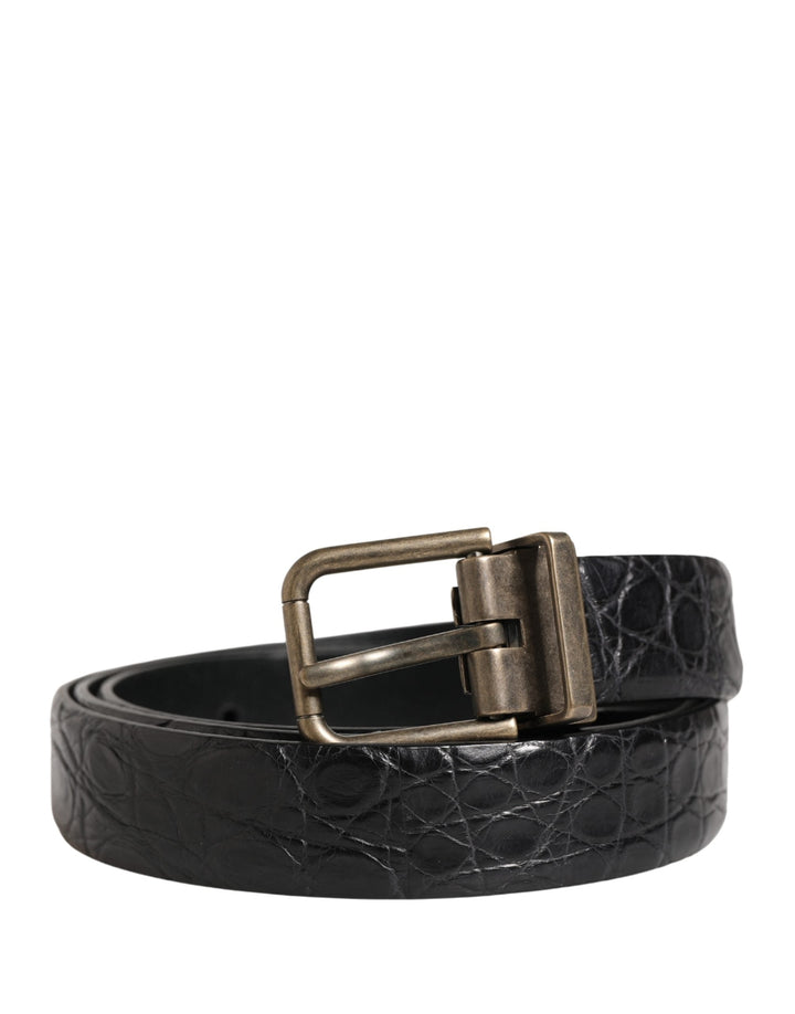Dolce &amp; Gabbana Men Black Exotic Leather Metal Buckle Belt