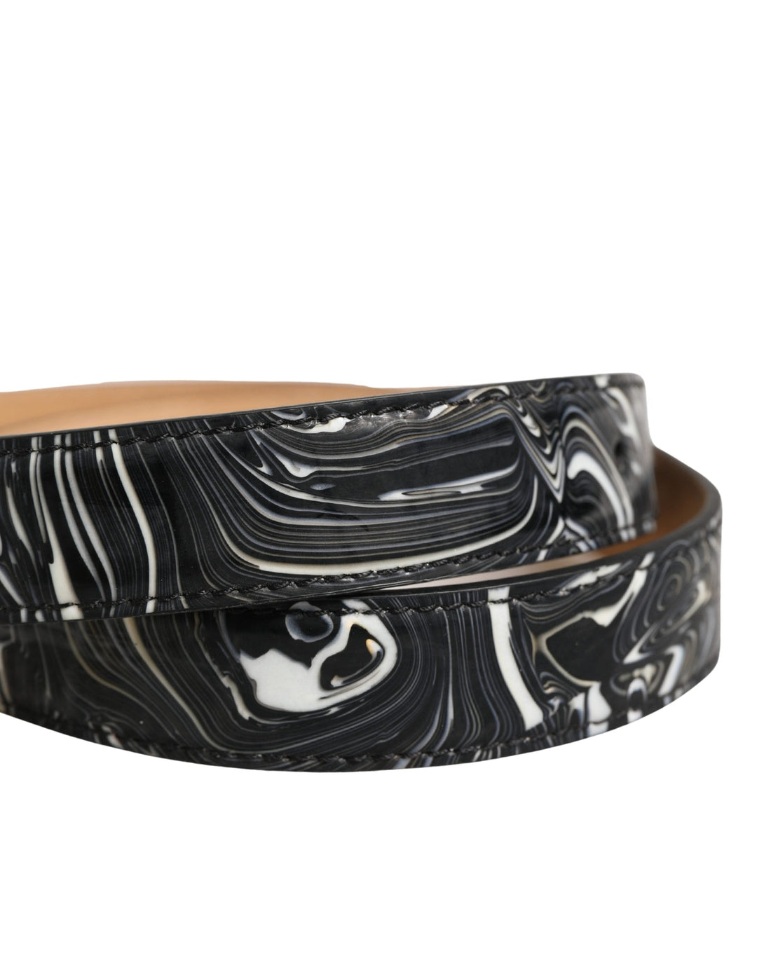 Dolce &amp; Gabbana Men Black Marble Leather Metal Buckle Belt
