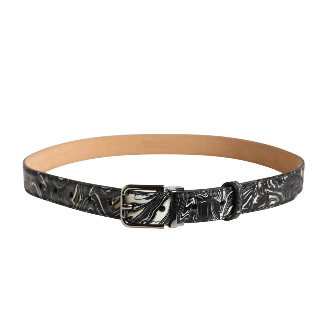 Dolce &amp; Gabbana Men Black Marble Leather Metal Buckle Belt