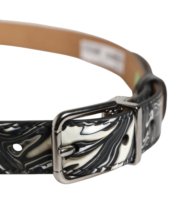 Dolce &amp; Gabbana Men Black Marble Leather Metal Buckle Belt