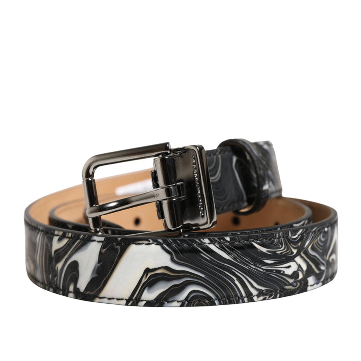 Dolce &amp; Gabbana Men Black Marble Leather Metal Buckle Belt