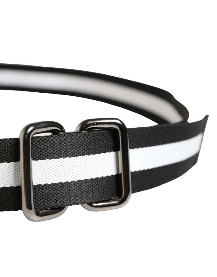 Dolce &amp; Gabbana Men Black White Nylon Logo Metal Buckle Belt