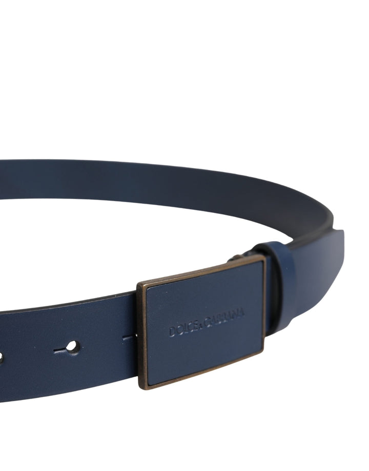 Dolce &amp; Gabbana Men Blue Calf Leather Logo Metal Buckle Belt