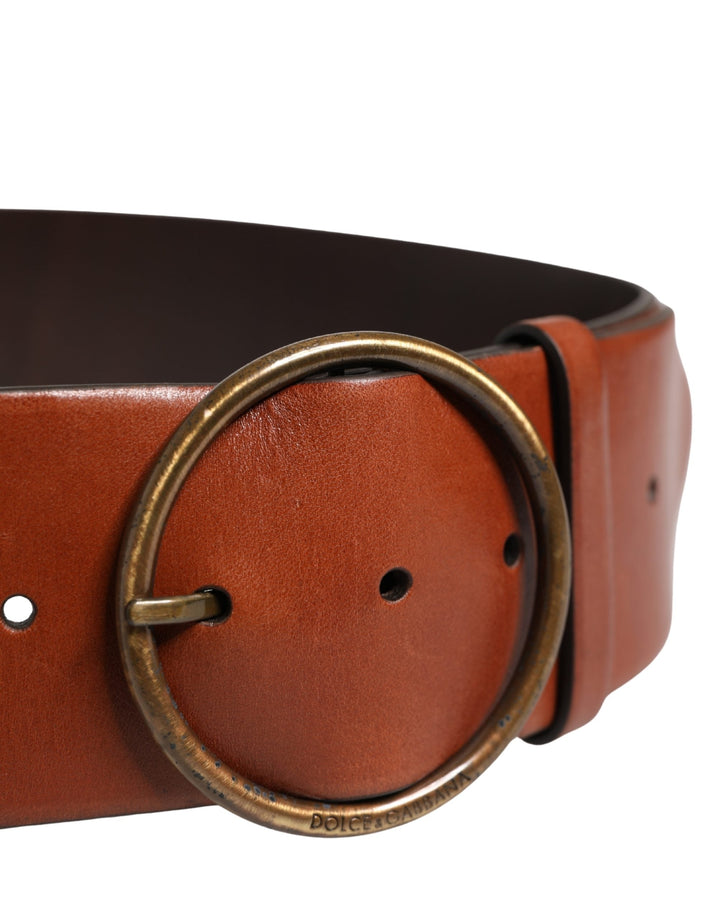 Dolce &amp; Gabbana Men Brown Leather Wide Waist Metal Round Buckle Belt