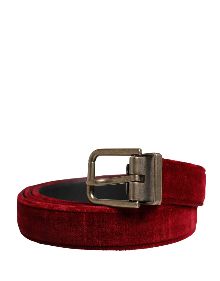 Dolce &amp; Gabbana Men Burgundy Velvet Cotton Metal Buckle Belt