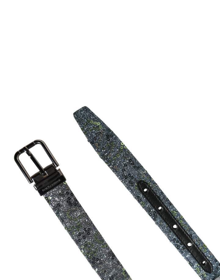 Dolce &amp; Gabbana Men Multicolor Sequin Silver Metal Buckle Belt