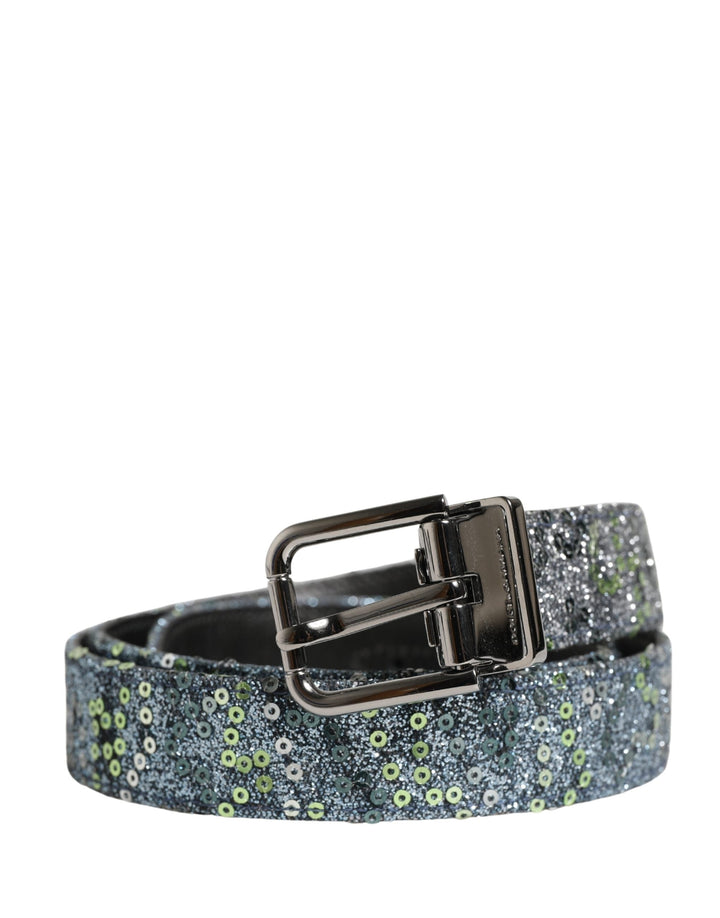Dolce &amp; Gabbana Men Multicolor Sequin Silver Metal Buckle Belt
